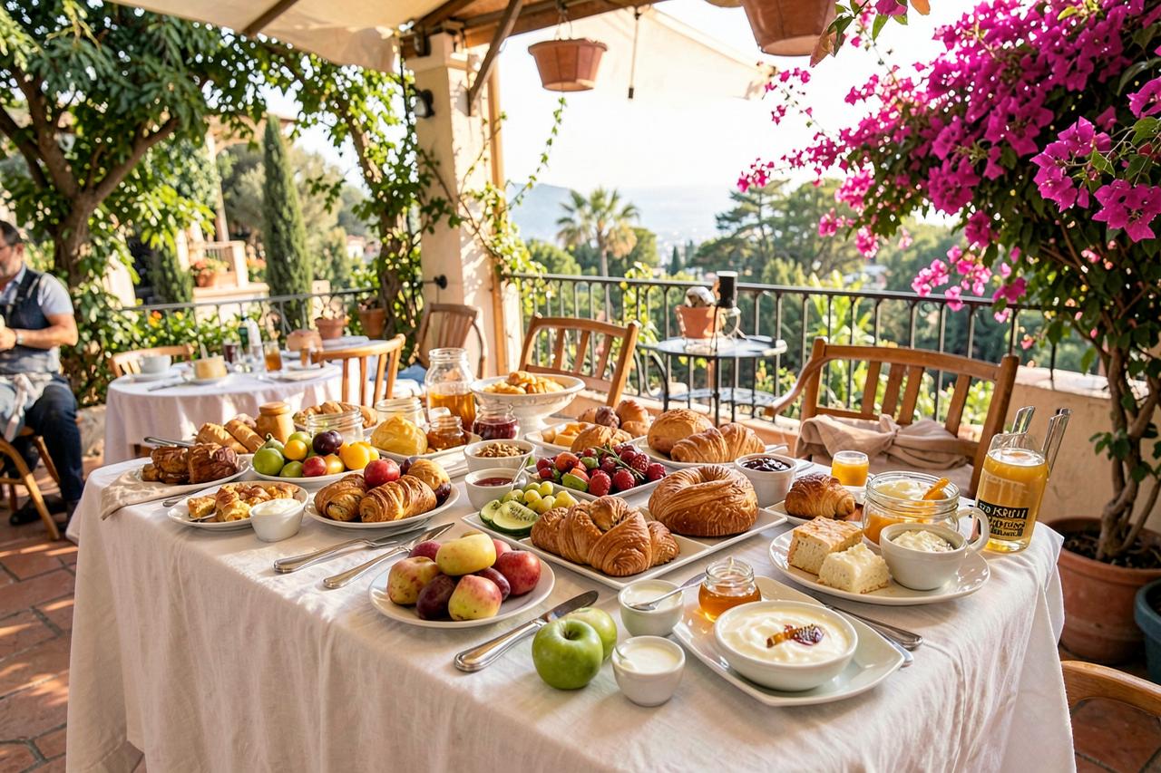 Breakfast laid out on the hotel terrace